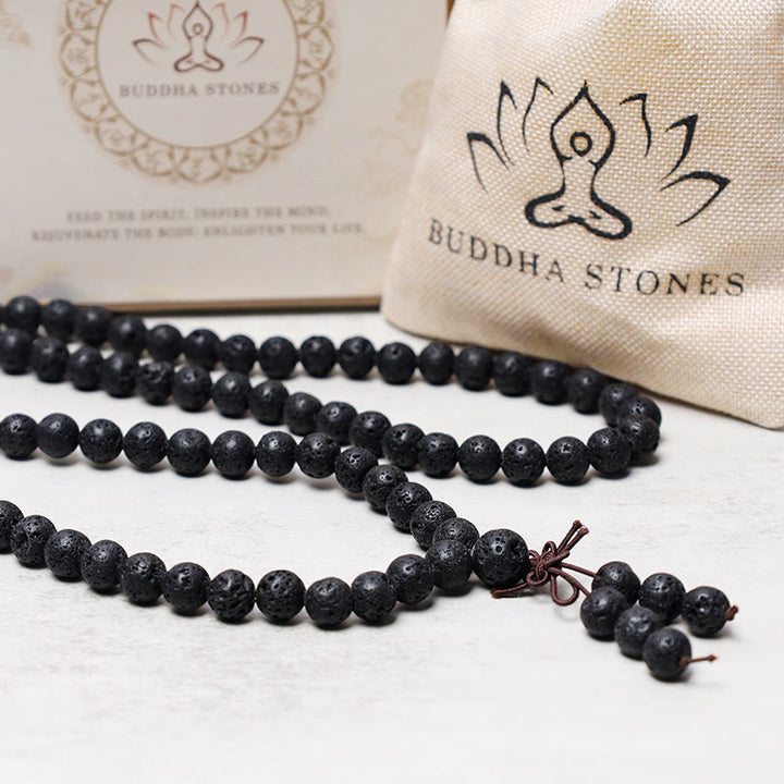 Buddha Stones 108 Perle di Lava Naturale Preghiera Mala Bracciale Collana