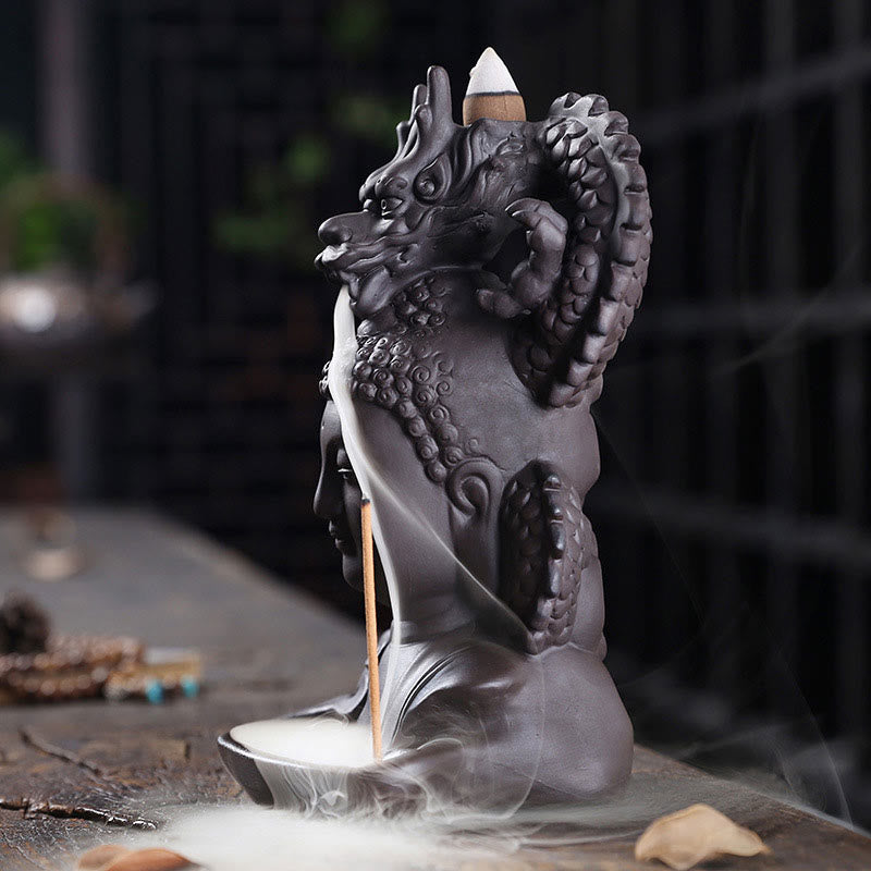 Buddha Stones Buddha Drago Nuvole di buon auspicio Argilla viola Bruciatore di incenso curativo Decorazione
