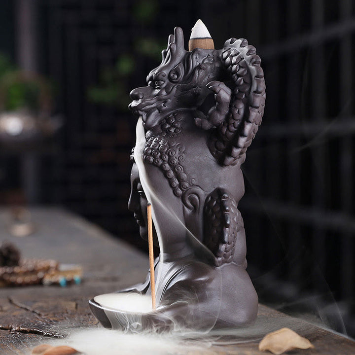 Buddha Stones Buddha Drago Nuvole di buon auspicio Argilla viola Bruciatore di incenso curativo Decorazione
