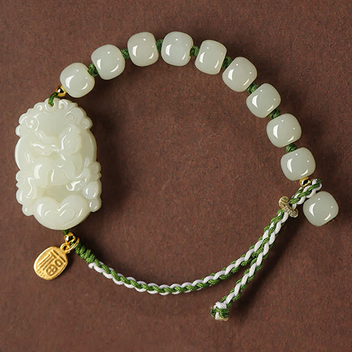 Braccialetto in argento sterling 925 con zodiaco cinese Hetian Jade Happiness Luck String