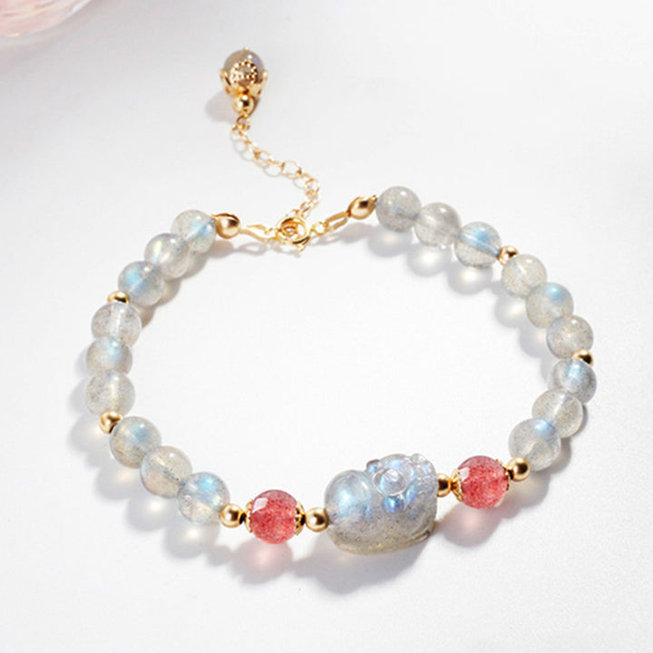Braccialetto di guarigione PiXiu con pietre di luna, quarzo fragola e Buddha Stones
