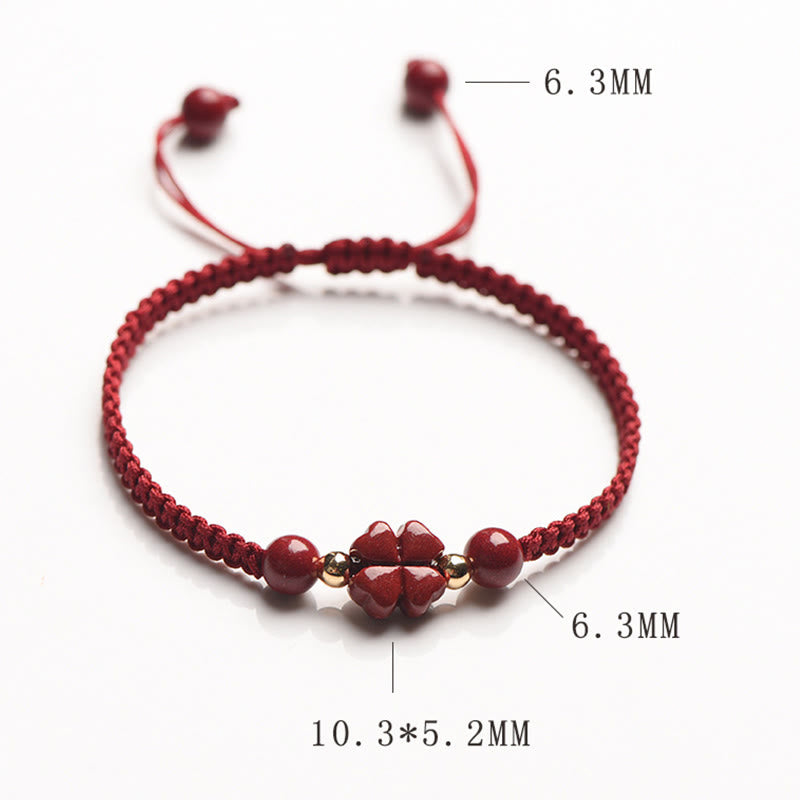 Buddha Stones Quadrifoglio Fiore a cinque petali Cinabro Benedizione Braccialetto con filo rosso