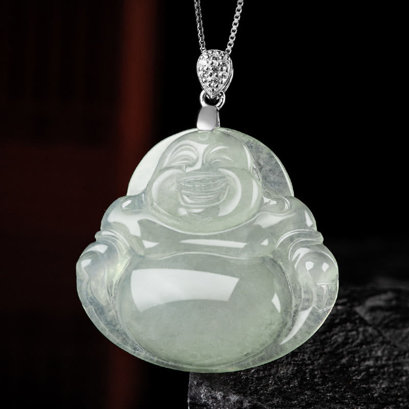 Collana con ciondolo a Buddha Stones in argento sterling 925, giada naturale, Buddha che ride, prosperità e abbondanza