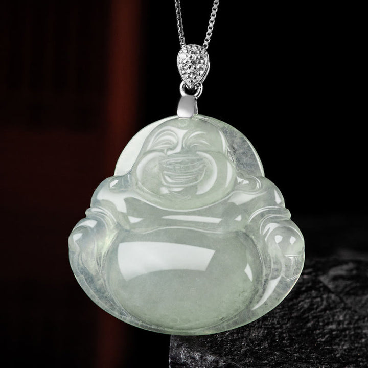 Collana con ciondolo a Buddha Stones in argento sterling 925, giada naturale, Buddha che ride, prosperità e abbondanza