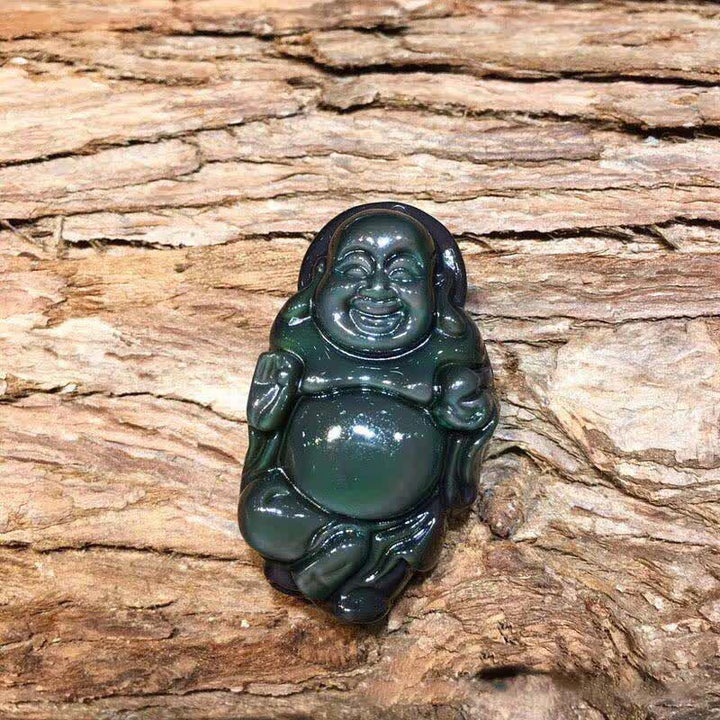 Collana con ciondolo Buddha che ride in ossidiana arcobaleno naturale con pace interiore - image 9