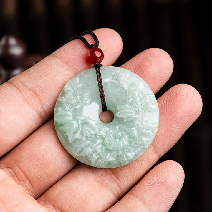 Collana con ciondolo a forma di fiore di peonia con Buddha Stones, giada rotonda e fibbia della pace