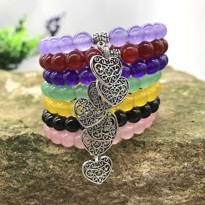 Bracciale elastico con ciondolo a forma di cuore portafortuna in pietra preziosa naturale
