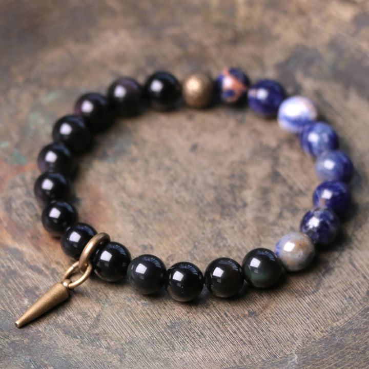 Braccialetto di coppia in cristallo di rame, ossidiana nera, sodalite e pietre Buddha Stones