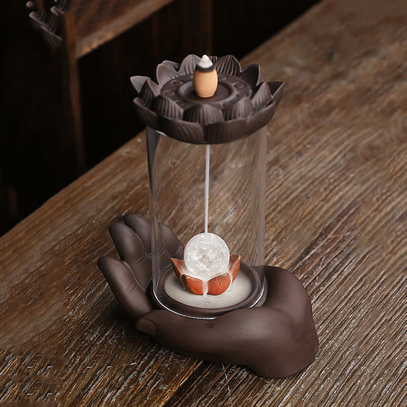 Buddha Stones Mano di Buddha Loto Illuminazione LED Luce Viola Argilla Ceramica Bruciatore di Incenso Decorazione