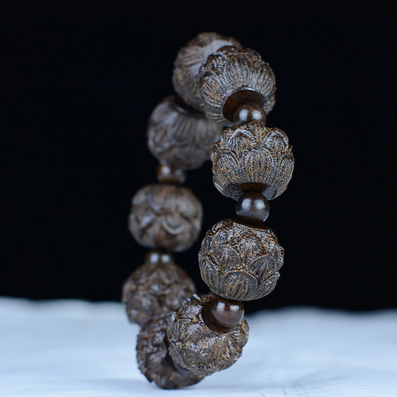 Braccialetto di equilibrio inciso Buddha Stones, legno di ebano, diciotto Arhat, drago di loto