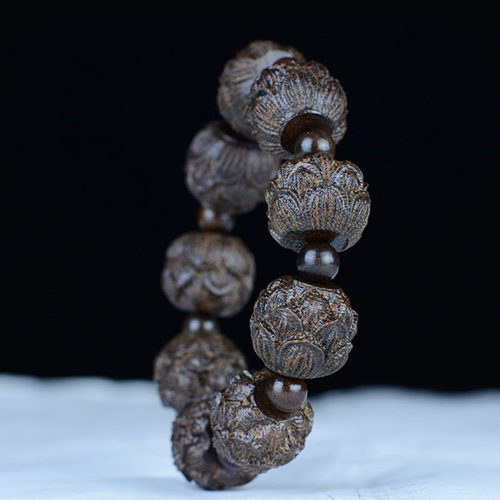 Braccialetto di equilibrio inciso Buddha Stones, legno di ebano, diciotto Arhat, drago di loto