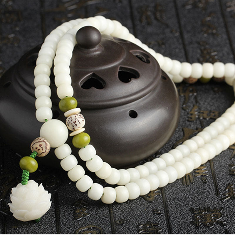 Collana con bracciale in giada bianca Bodhi Lotus Mala Harmony Buddha Stones