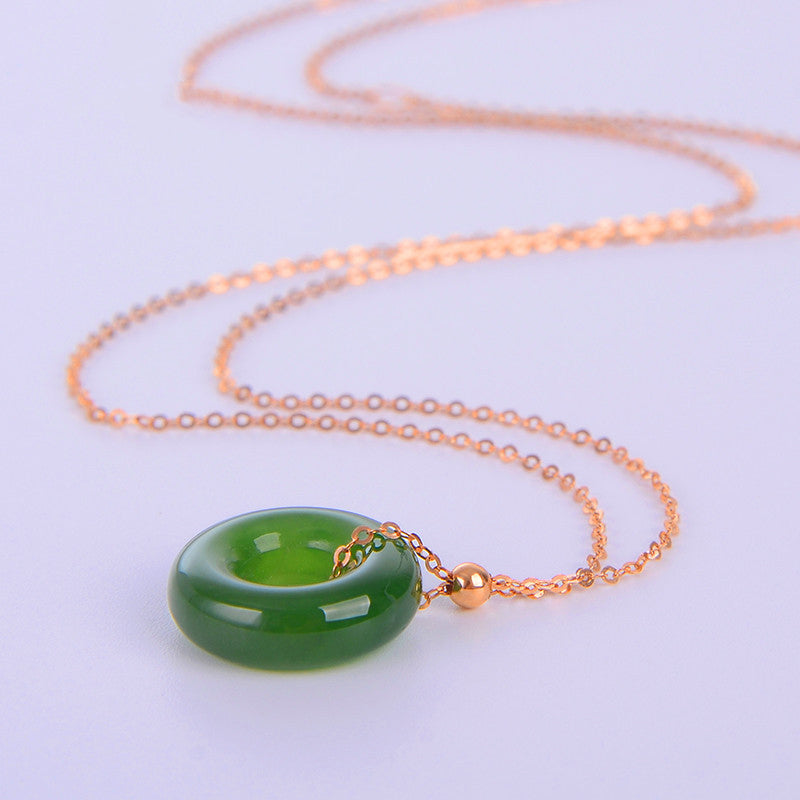 Collana con ciondolo in oro 14K con giada ciano rotonda e guarigione
