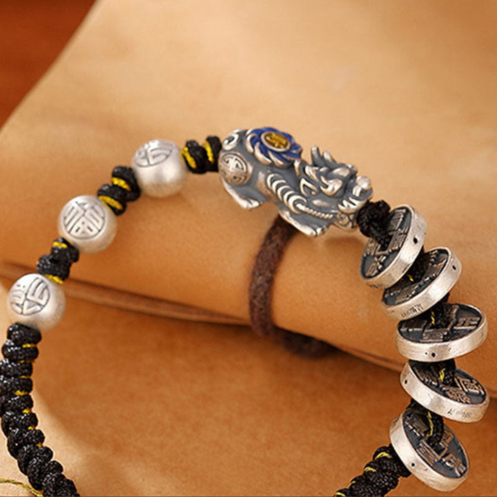 Bracciale intrecciato con moneta di rame PiXiu FengShui in argento sterling 999 con pietre Buddha Stones, carattere Fu, ricchezza