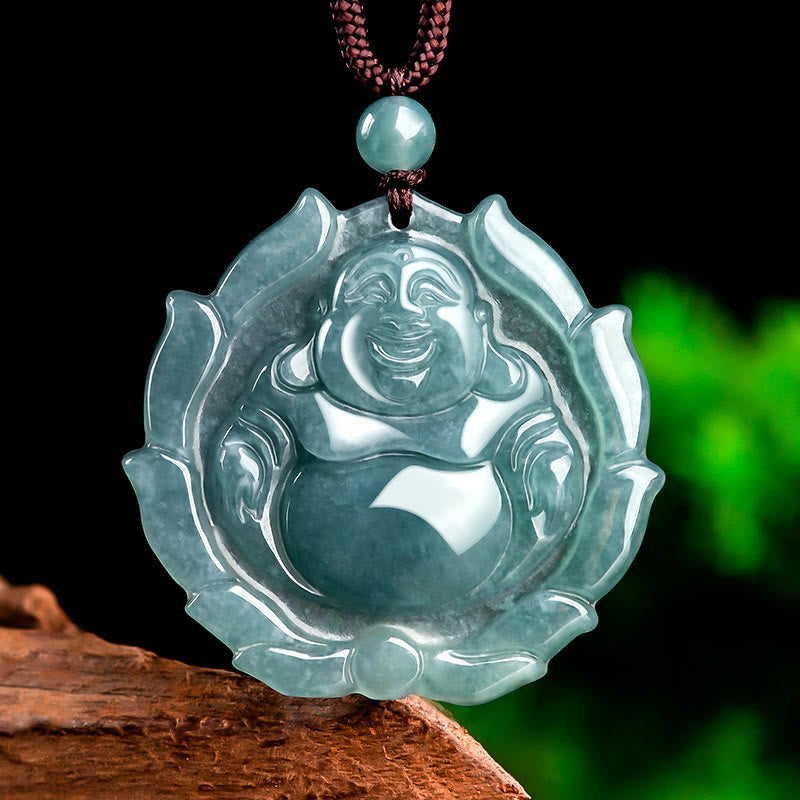 Collana con ciondolo portafortuna con motivo a loto Buddha Stones Buddha che ride in giada naturale - Buddha che ride (Felicità♥Ricchezza) - image 1