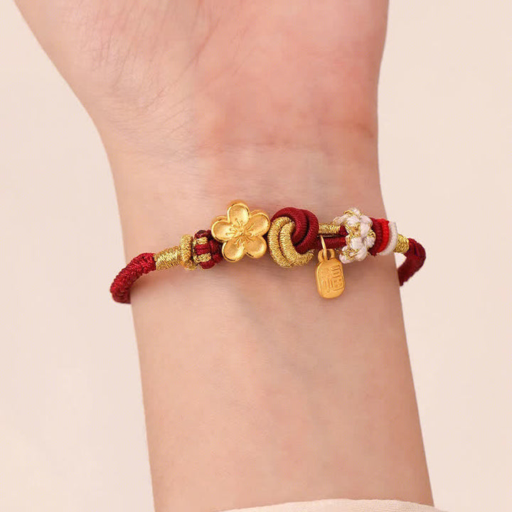 Braccialetto con corda rossa Buddha Stones, ciondolo felicità, fiori di pesco