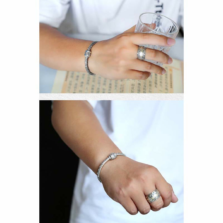 Buddha Stones 990 Sterling Silver Tibetano Auspicious Clouds Om Mani Padme Hum Braccialetto Creatività Inciso