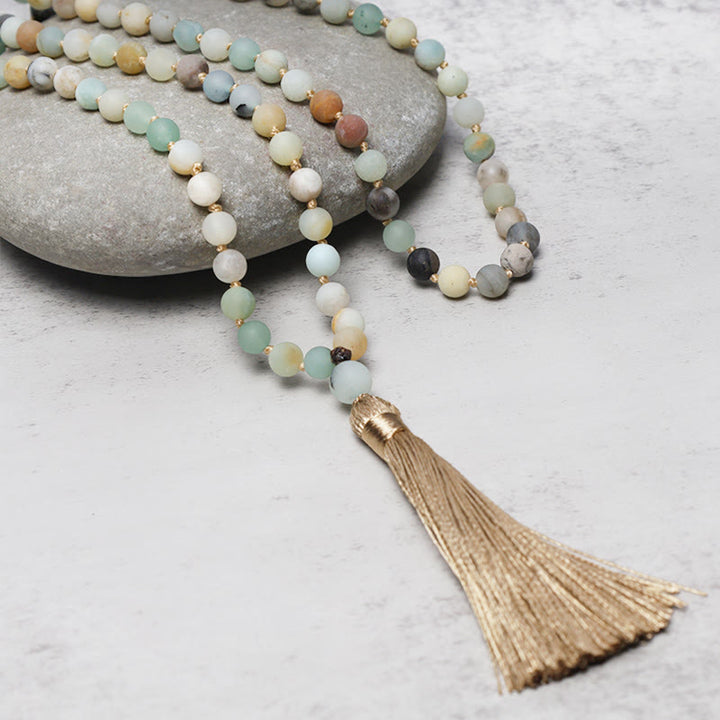 Braccialetto Mala con nappa in perle di amazzonite Buddha Stones 108