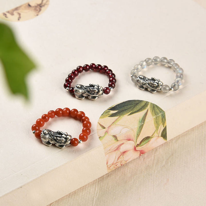 Buddha Stones 925 Sterling Silver Granato Naturale Pietra di Luna Agata Rossa Anello PiXiu Wealth