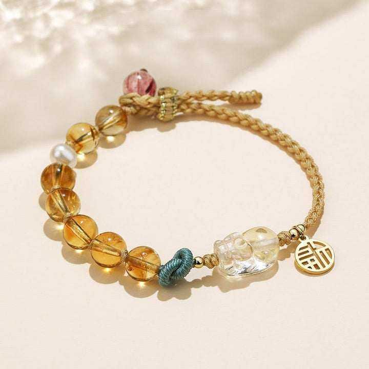 Braccialetto intrecciato con corda di prosperità del carattere PiXiu Fu di Buddha Stones Citrine