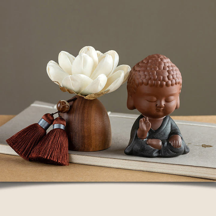 Decorazione di cura calma con fiore di Buddha in legno di pesca nera - Piccolo Tathagata della Meditazione - image 5