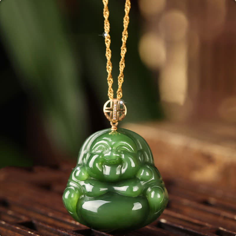 Collana con ciondolo a forma di Buddha che ride in argento sterling 925, giada ciano Hetian e oro 18 carati. - Giada Ciano Hetian (Successo ♥ Guarigione) - image 1