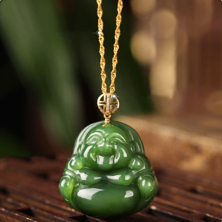 Collana con ciondolo a forma di Buddha che ride in argento sterling 925, giada ciano Hetian e oro 18 carati. - Giada Ciano Hetian (Successo ♥ Guarigione) - image 0