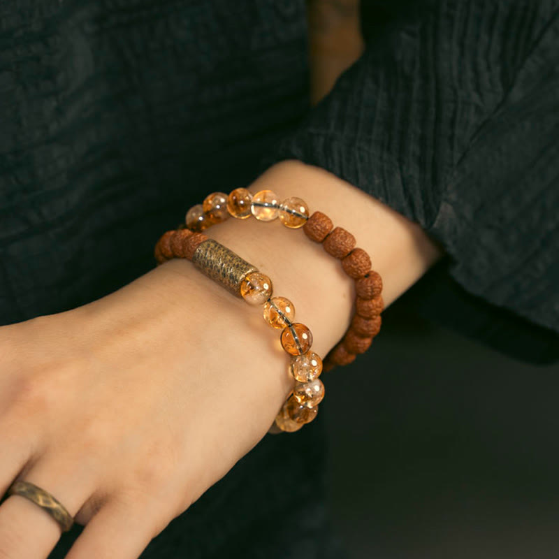 Braccialetto Buddha Stones Natural Citrine Crystal Rudraksha Bodhi Seed Brass Bead Prosperity Double Wrap
