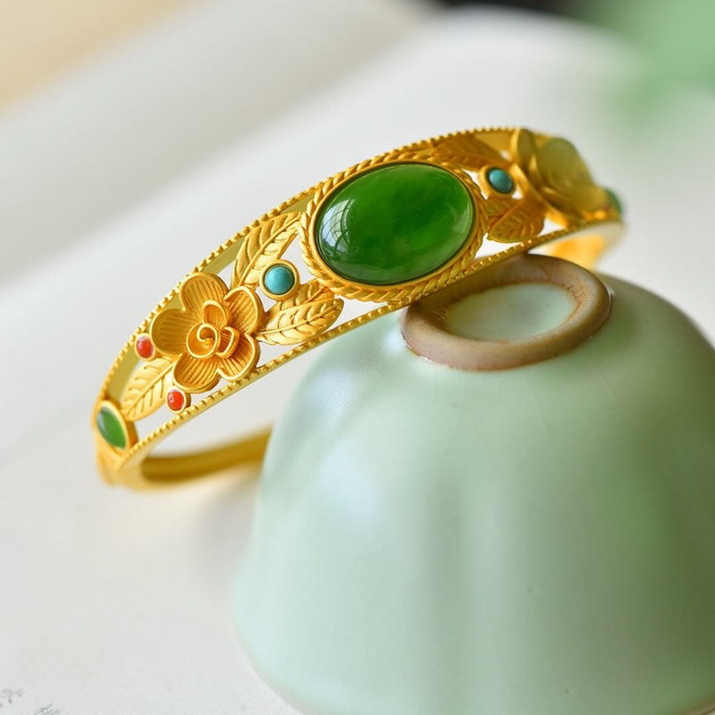 Buddha Stones Giada ciano Giada bianca Fiore Foglia Armonia Braccialetto Fortuna Braccialetto