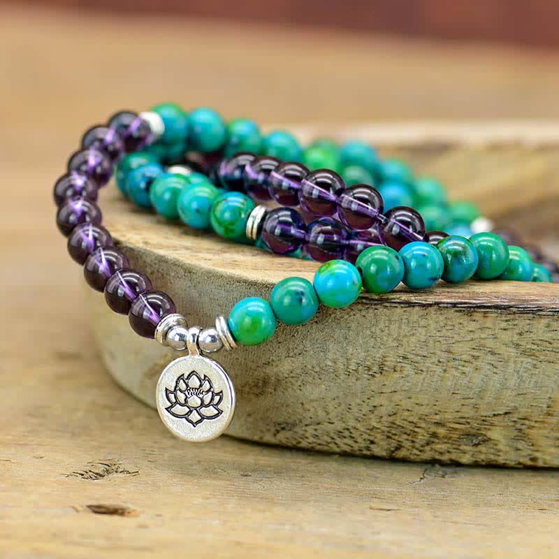 Braccialetto con ciondolo spirituale di loto, ametista, avventurina verde e Buddha Stones - image 1