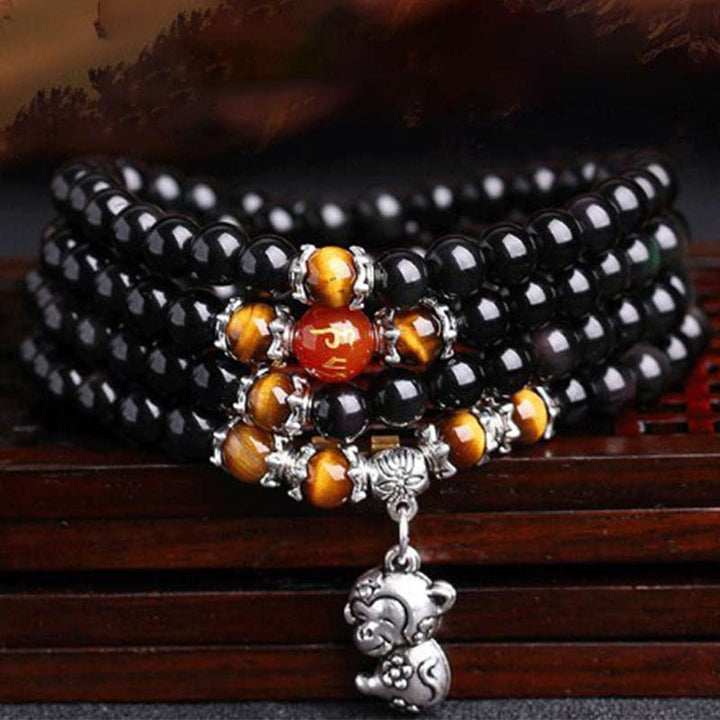 Bracciale Mala della Fortuna con 108 Perle dello Zodiaco Cinese e Occhio di Tigre in Ossidiana Nera