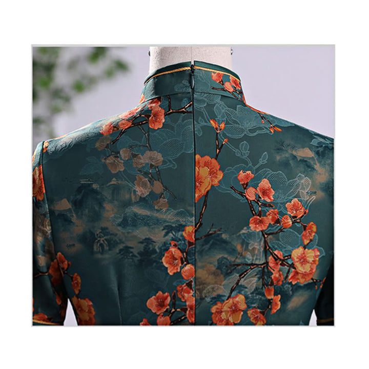 Abito da donna in cheongsam con stampa di piume di peonia e fiori di loto retrò Buddha Stones