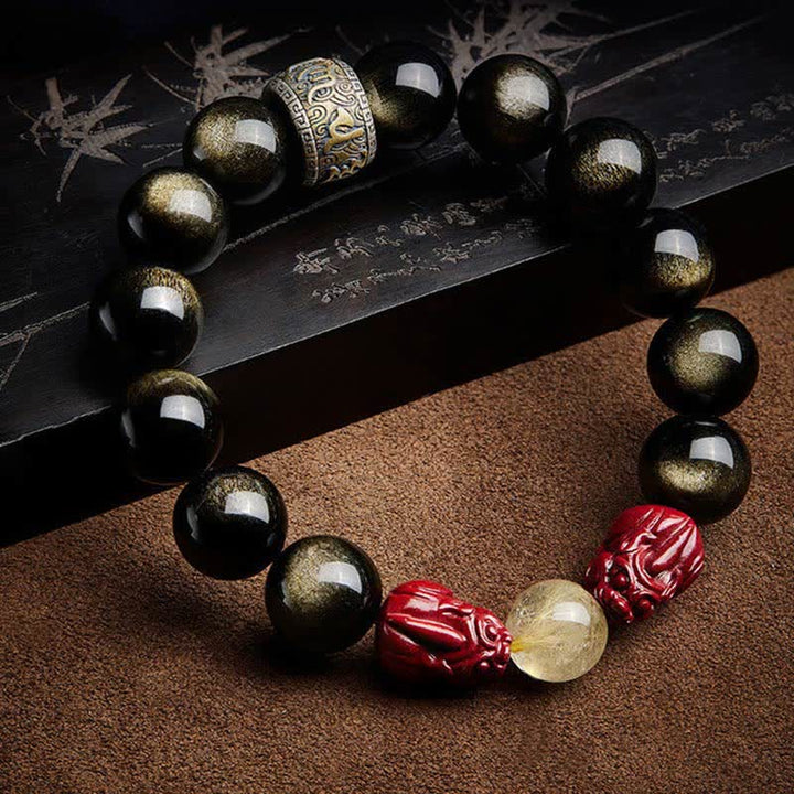 Braccialetto di protezione Om Mani Padme Hum in ossidiana lucida dorata Buddha Stones PiXiu Cinnabar