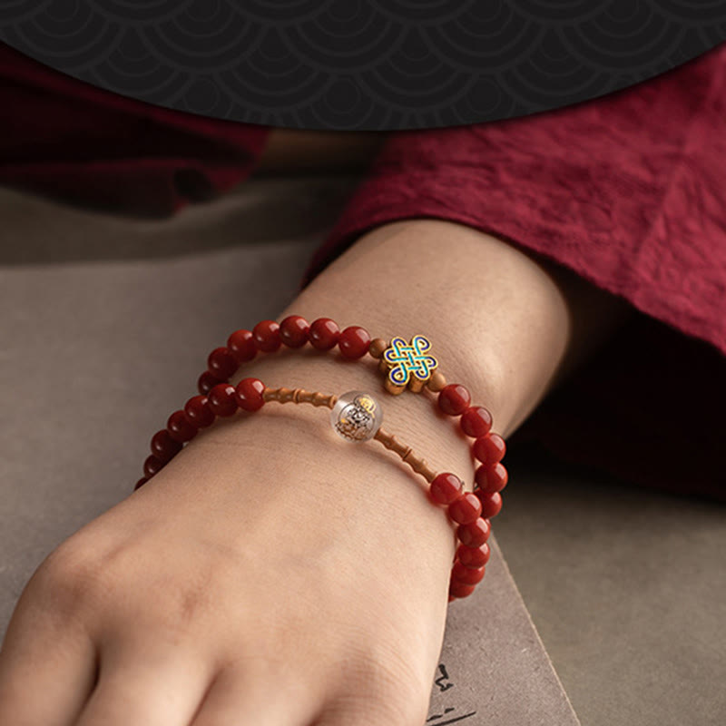 Buddha Stones Zodiaco cinese Buddha natale Agata rossa Piccola foglia Sandalo rosso Cinabro Amuleto Benedizione Bracciale a doppio giro