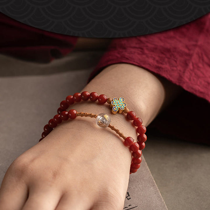 Buddha Stones Zodiaco cinese Buddha natale Agata rossa Piccola foglia Sandalo rosso Cinabro Amuleto Benedizione Bracciale a doppio giro