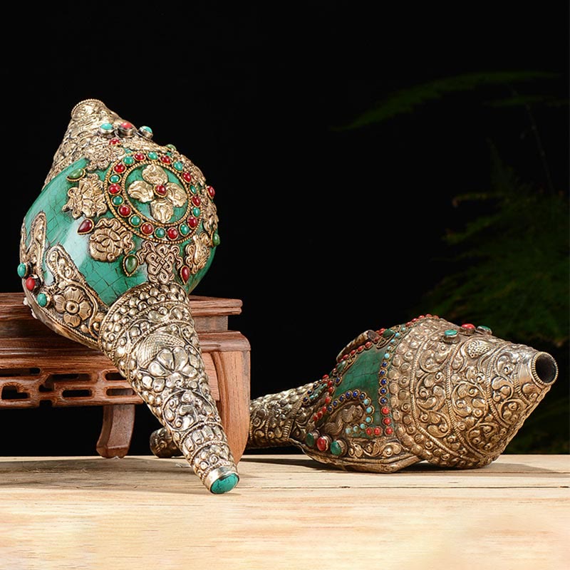 Decorazione positiva della ricchezza della conchiglia del Buddha Shankha Double Dorje incisa a mano tibetana - image 0