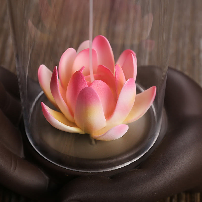 Buddha Stones Mano di Buddha Loto Illuminazione LED Luce Viola Argilla Ceramica Bruciatore di Incenso Decorazione