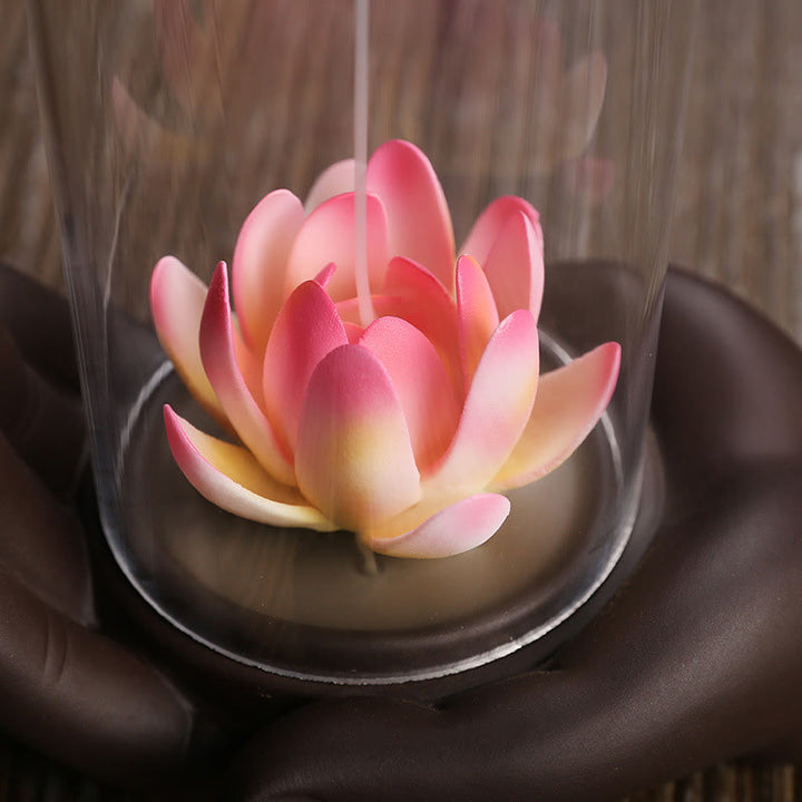 Buddha Stones Mano di Buddha Loto Illuminazione LED Luce Viola Argilla Ceramica Bruciatore di Incenso Decorazione