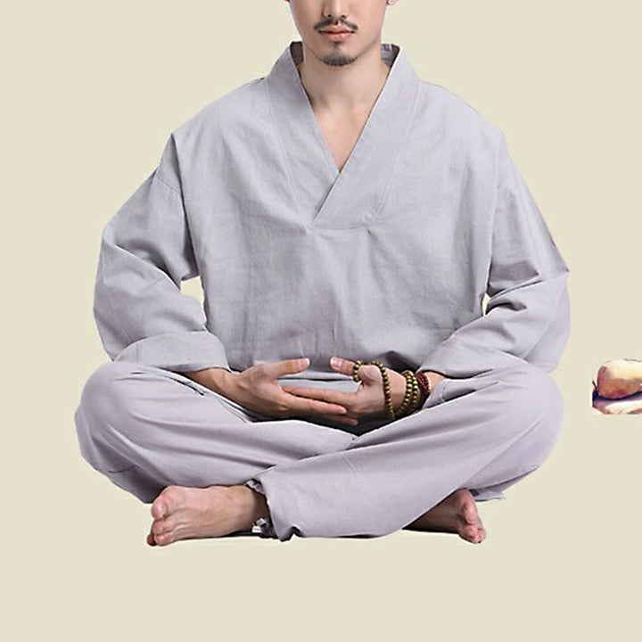 Set da uomo di abbigliamento yoga Buddha Stones a V, in cotone e lino, per meditazione e preghiera, spirituale e zen