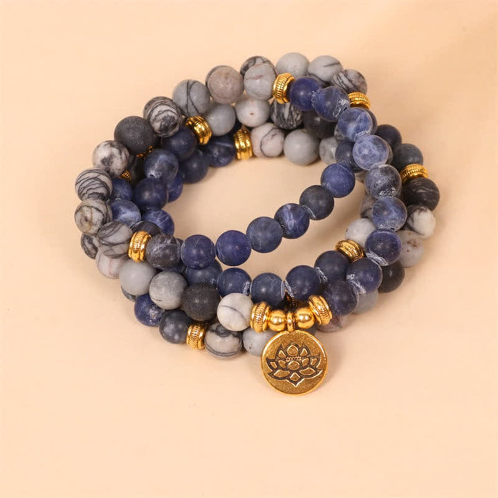 Buddha Stones 108 Mala Beads Sodalite Zebra Jasper Cristallo Lotus Strength Bracciale