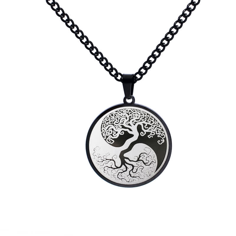Collana con ciondolo in acciaio al titanio e Buddha Stones, l'albero della vita - Nero - image 3