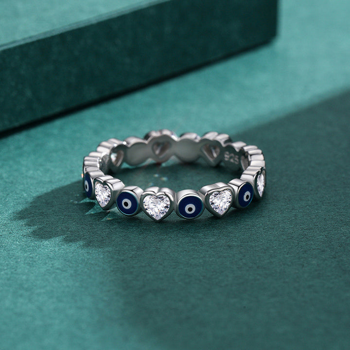 Anello di benedizione con zircone a forma di cuore con occhio malvagio in argento sterling 925 Buddha Stones