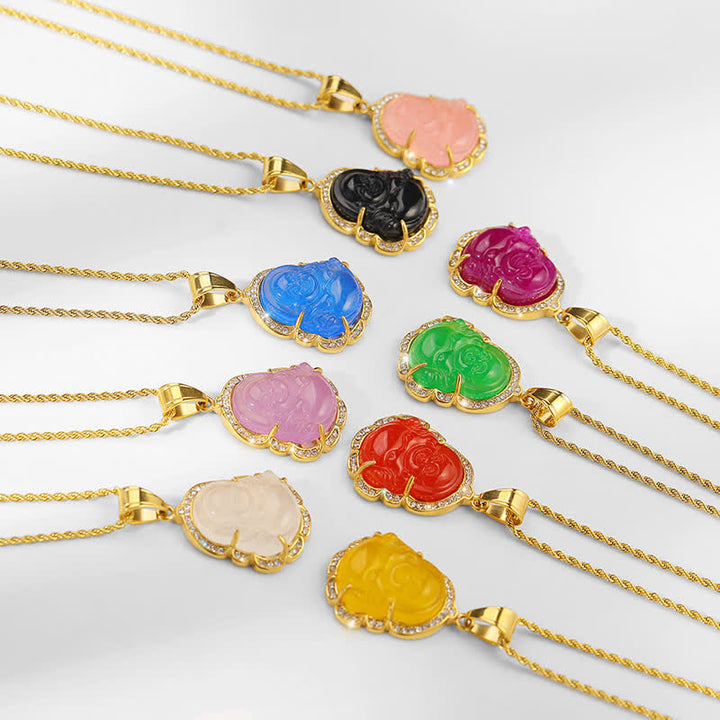 Collana con ciondolo a forma di Buddha in giada con Buddha che ride, riempita in oro 18 carati, Buddha Stones - image 16