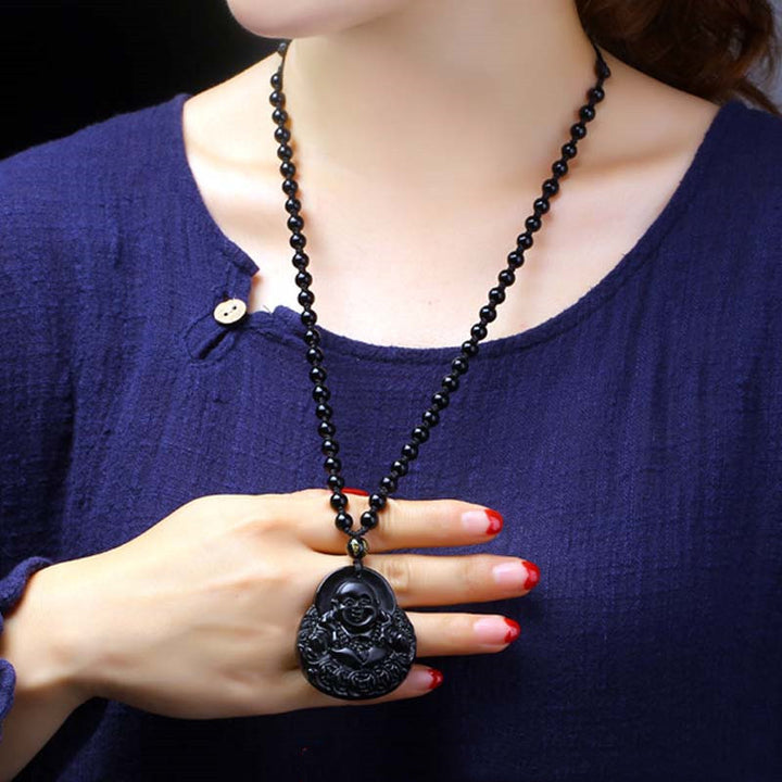 Collana con ciondolo Buddha Stones Laughing Buddha in ossidiana nera, forza e protezione - image 3