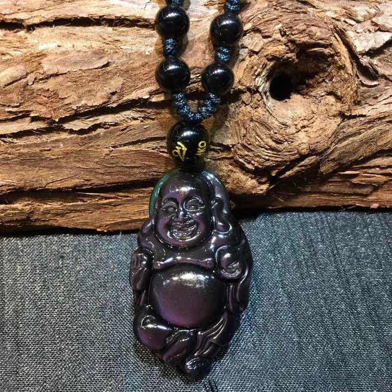 Collana con ciondolo Buddha che ride in ossidiana arcobaleno naturale con pace interiore - image 5