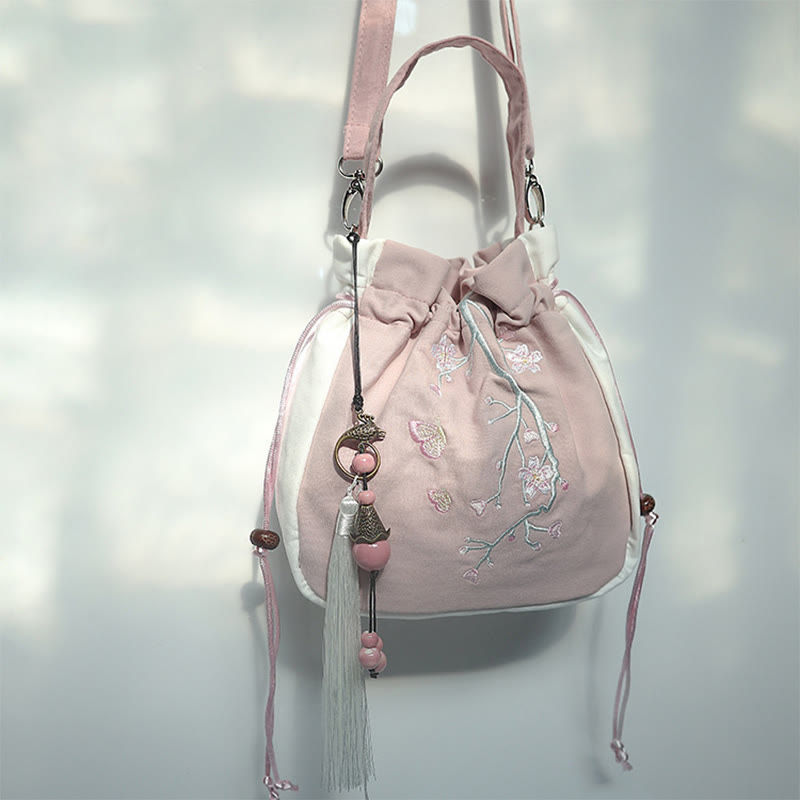 Borsa a tracolla in tela con fiori ricamati a mano con Buddha Stones