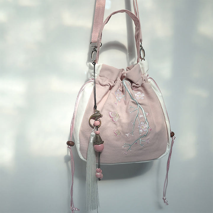 Borsa a tracolla in tela con fiori ricamati a mano con Buddha Stones