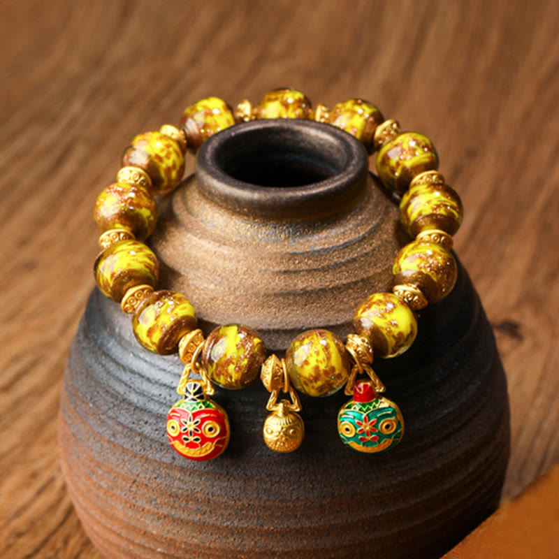 Buddha Stones Oro Deglutizione Bestia Famiglia Ciondolo Liuli Perline di Vetro Braccialetto della Fortuna