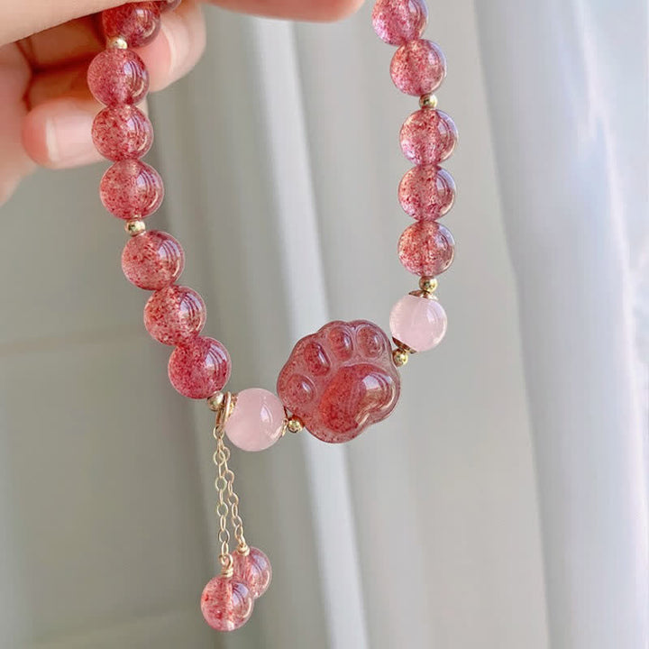 Braccialetto dell'amore con zampa di gatto portafortuna in cristallo rosa e quarzo fragola naturale Buddha Stones - image 5