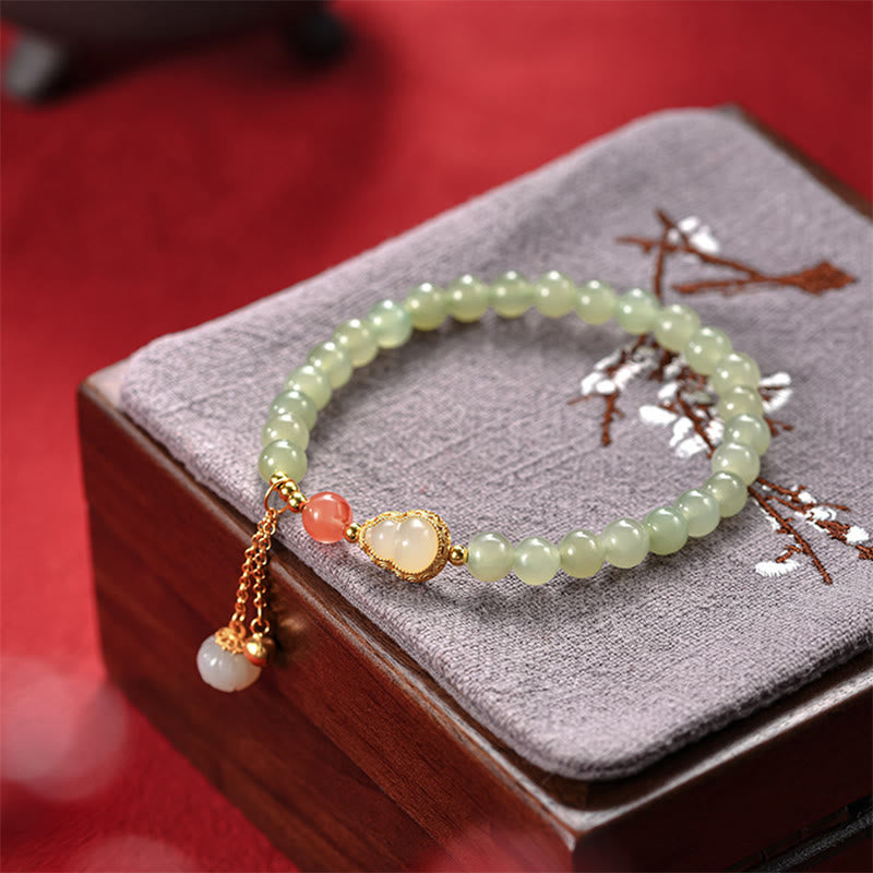 Braccialetto portafortuna in argento sterling 925 con giada Hetian e zucca di loto
